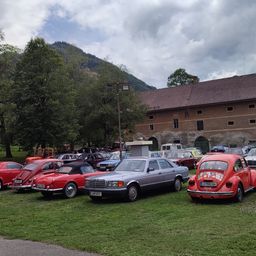 Eine Sammlung von Oldtimern, die auf einem Rasenfeld geparkt sind, mit einem Gebäude und Bergen im Hintergrund.