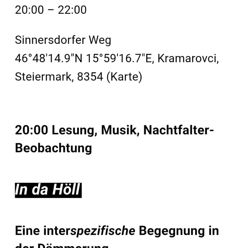 Eine weiße Seite mit Text über eine Veranstaltung am Sinnersdorfer Weg, Kramarovci, Steiermark, 8354, mit Koordinaten und einem Zeitplan von 20:00 bis 22:00.