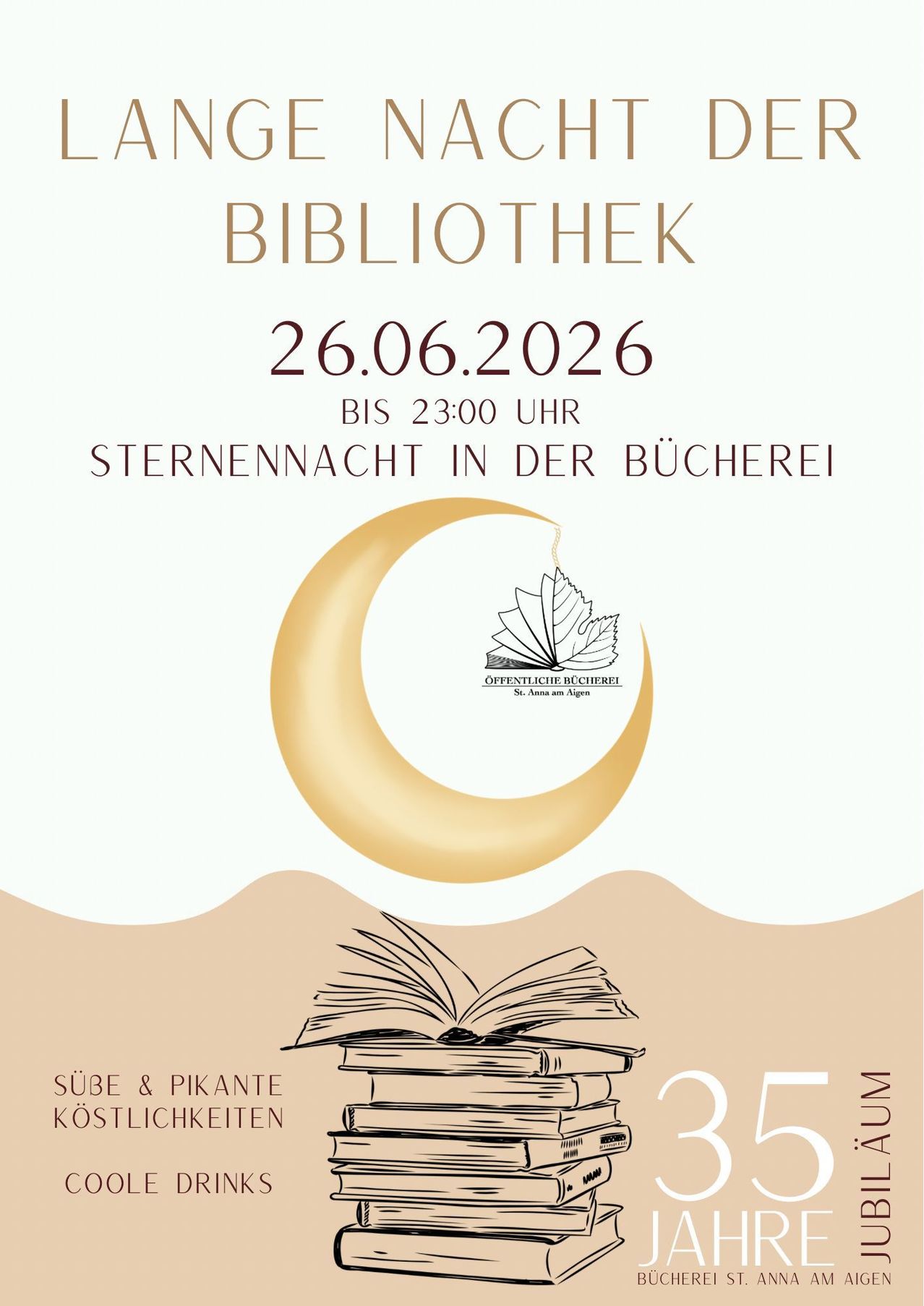 Ein Plakat für die Bibliothek mit einer Veranstaltung am 26.06.2026, das einen Halbmond und ein offenes Buch zeigt. Der Text lautet 'Sternennacht in der Bucherei' und enthält ein Logo.