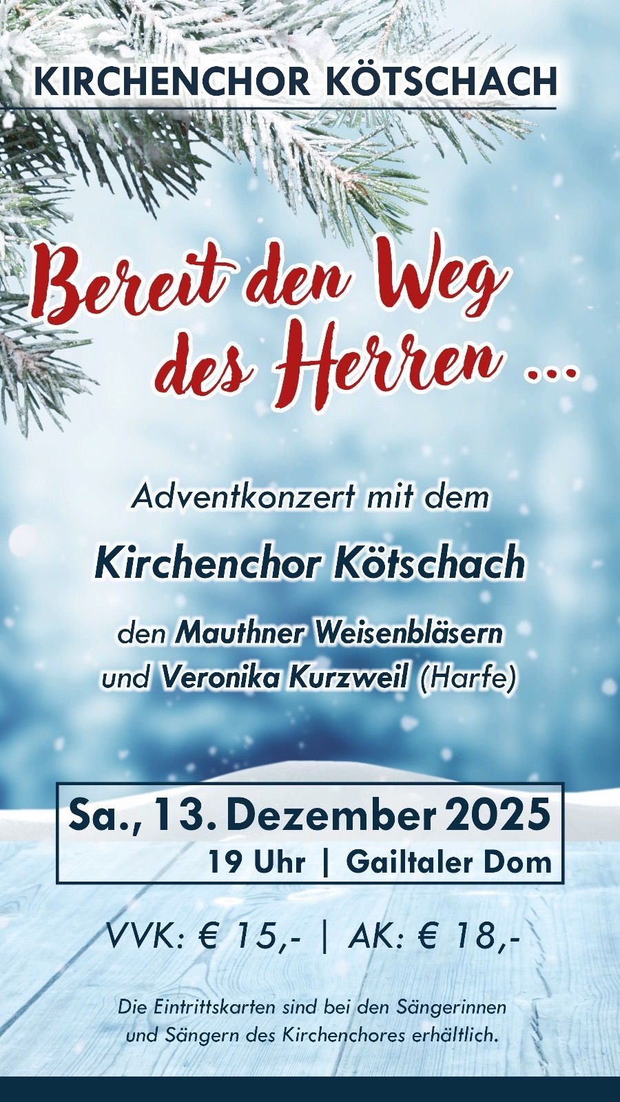 Ein Plakat für ein Adventkonzert mit dem Kirchenchor Kotschach, mit den Mauthner Weissblasern und Veronika Kurzweil an der Harfe. Geplant für Samstag, den 13. Dezember 2025, um 19 Uhr im Gailtaler Dom.