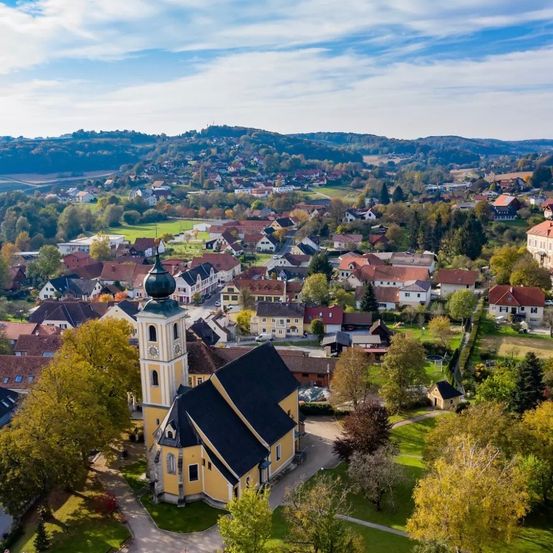Aerial view of a village with many houses and a church. The church has a tower and green dome. The village is surrounded by trees and grass.