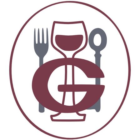 A circular logo featuring a wine glass, a fork, and a spoon, with a letter G in the center.
