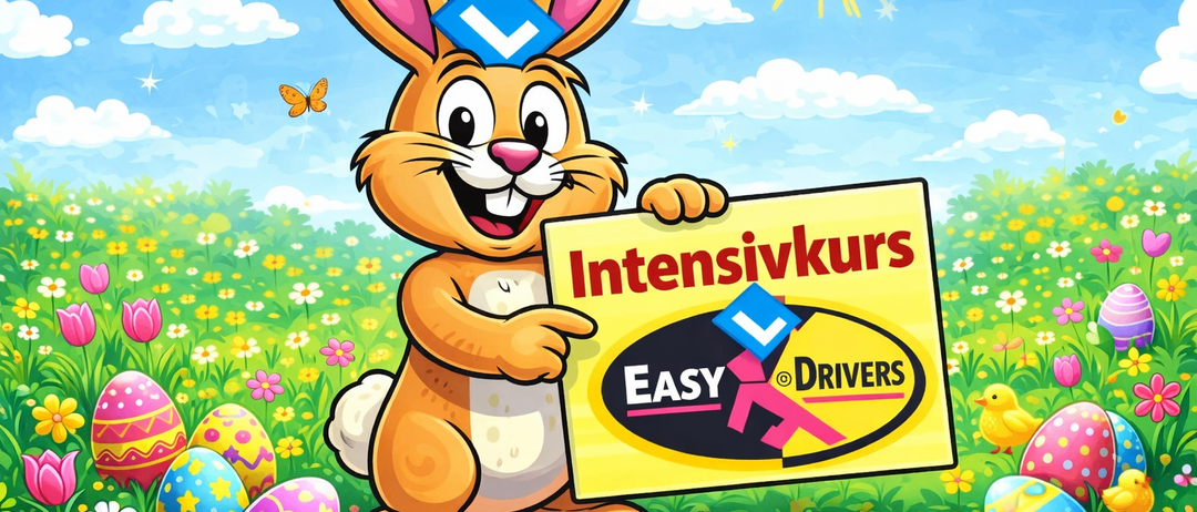 Ein fröhlicher Hase mit einem blauen Buchstaben L Hut hält ein gelbes Schild mit den Worten 'Intensivkurs Easy Drivers'. Der Hase steht in einem Feld mit bunten Ostereiern und Blumen unter einem hellen, sonnigen Himmel.