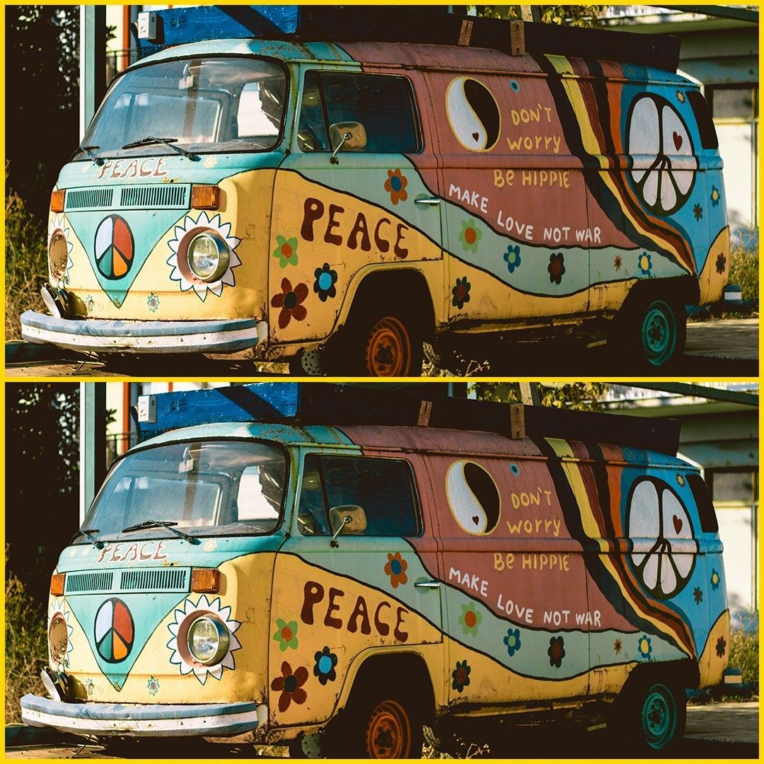 Two images of an old van with 'Peace' written on it. The van has colorful flower designs and peace symbols on its sides.