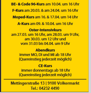 Schedule of driving courses on April 2023. BE & Code 96 Course on 10.04 at 16:00. F Course on 20.03 and 24.04 at 16:00. Moped Course on 16 and 17.04 at 14:00. A Course on 09 and 10.04 at 16:00.
