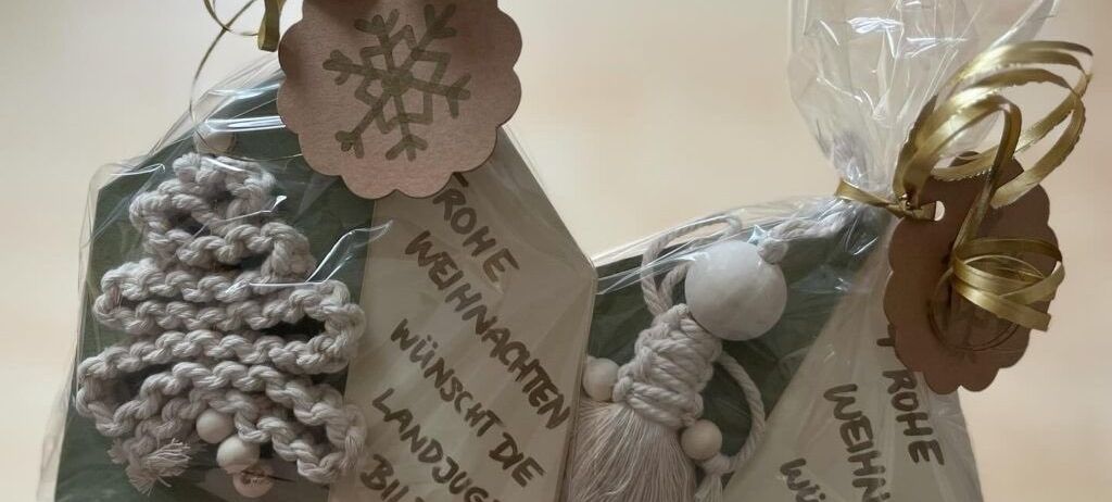 Eine Person hält zwei Pakete mit Dekorationsartikeln. Jedes Paket ist in durchsichtige Plastikfolie eingewickelt und mit goldenen Bändern gebunden. Die Artikel sind mit weißem Garn gestrickt und haben ein Schneeflocken-Etikett. Der Text auf dem Etikett lautet 'ROH WEIHNACHTEN WUNSCH DE LANDJUGEND BILDEIN'.