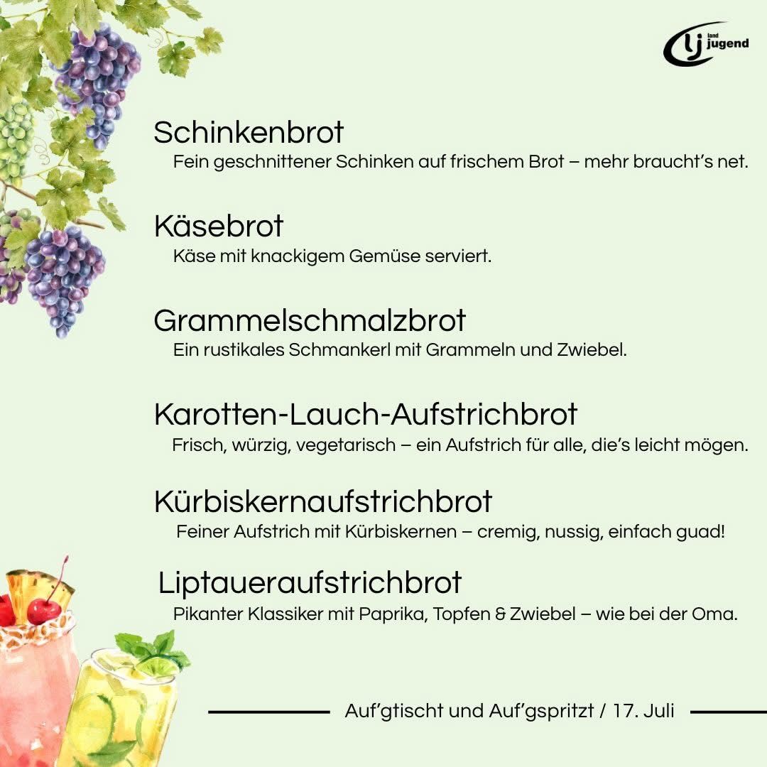 A menu featuring various types of bread with descriptions and illustrations of grapes, cheese, and other ingredients. The breads include ham, cheese, garlic, carrot-leek, pumpkin seed, and liptauer spread. The menu also includes a drink with a garnish.