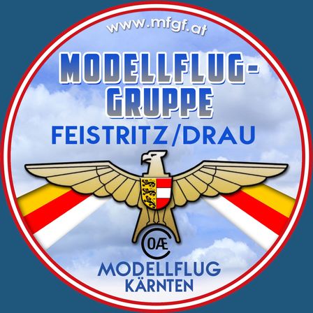 Logo der Modellflug-Gruppe Feistritz/Drau mit Adleremblem, österreichischem Wappen und Website-Link.