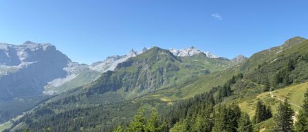 Ein Panoramablick auf eine Berglandschaft mit klarem blauem Himmel, schneebedeckten Gipfeln und üppigen grünen Tälern.
