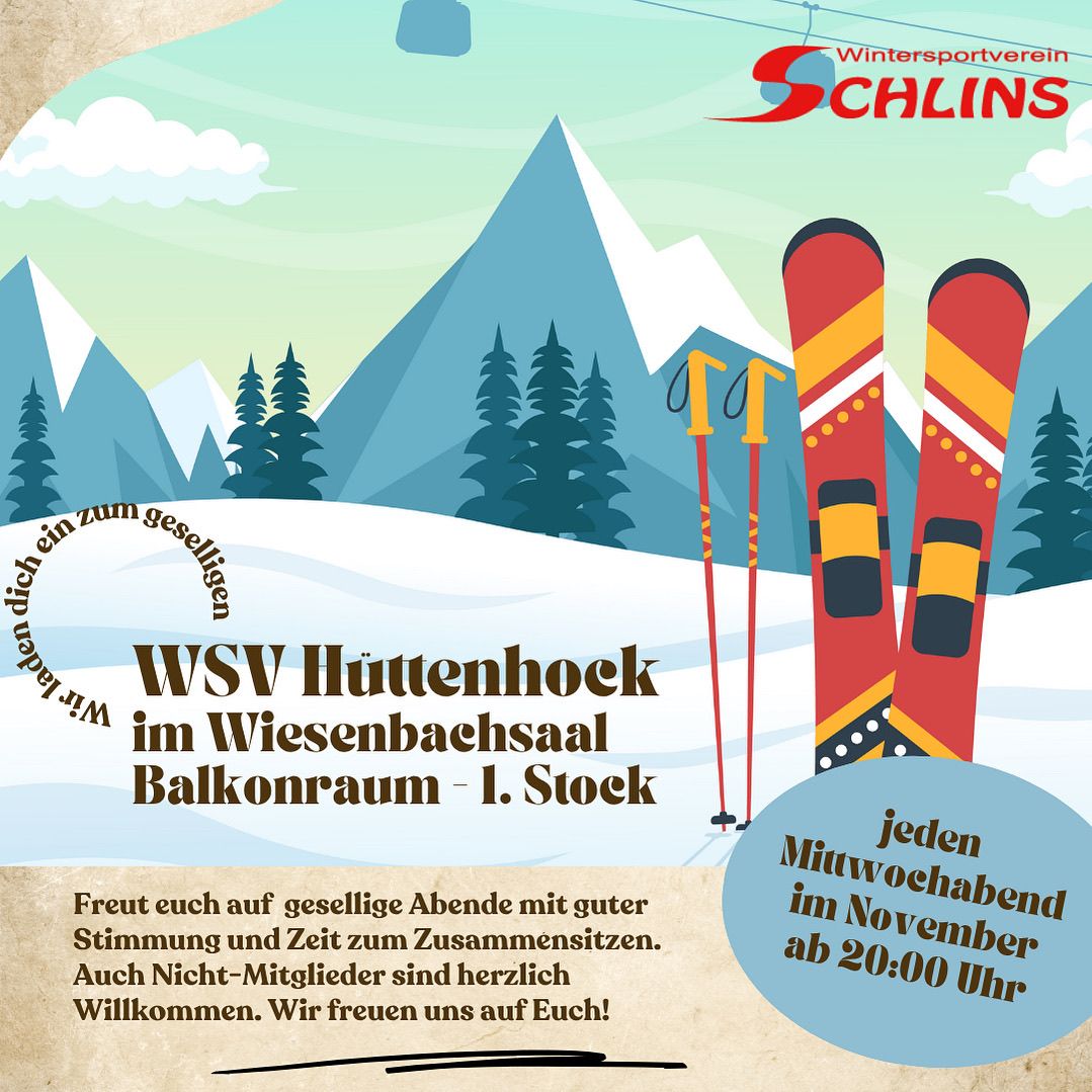 Plakat für eine Skiclub-Veranstaltung in Huttenhock, Einladung zu geselligen Abenden. Skier und Stöcke sind abgebildet. Der Termin ist jeden Mittwoch im November ab 20:00 Uhr.