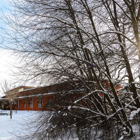 Ein Gebäude mit roter Fassade und mehreren schneebedeckten Fenstern. Bäume mit kahlen Ästen umgeben das Gebäude, ebenfalls schneebedeckt.