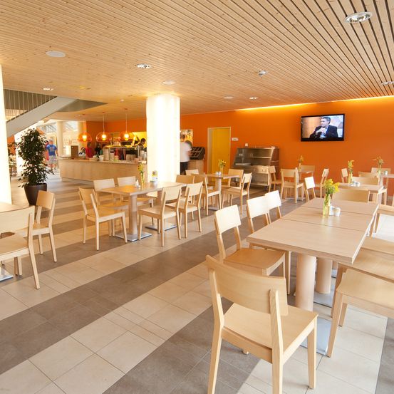 Ein Innenbereich zum Essen mit orangefarbenen Wänden, Holztischen und Stühlen sowie einem Fernseher. Topfpflanzen und Blumen schmücken den Raum, und es gibt eine Theke mit Leuten dahinter.