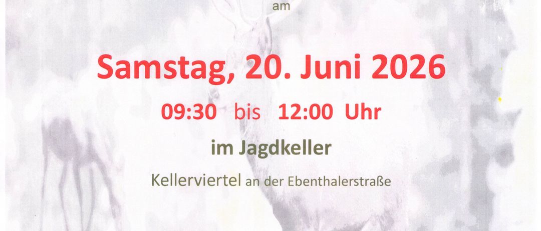 Plakat für den Verkauf von Wildprodukten am Samstag, 20. Juni 2026, von 09:30 bis 12:00 im Jagdkeller an der Ebenthalerallee. Es listet Artikel wie Kaesekrainer, Bratwurst und Wildwurst auf.