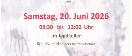 Plakat für den Verkauf von Wildprodukten am Samstag, 20. Juni 2026, von 09:30 bis 12:00 im Jagdkeller an der Ebenthalerallee. Es listet Artikel wie Kaesekrainer, Bratwurst und Wildwurst auf.