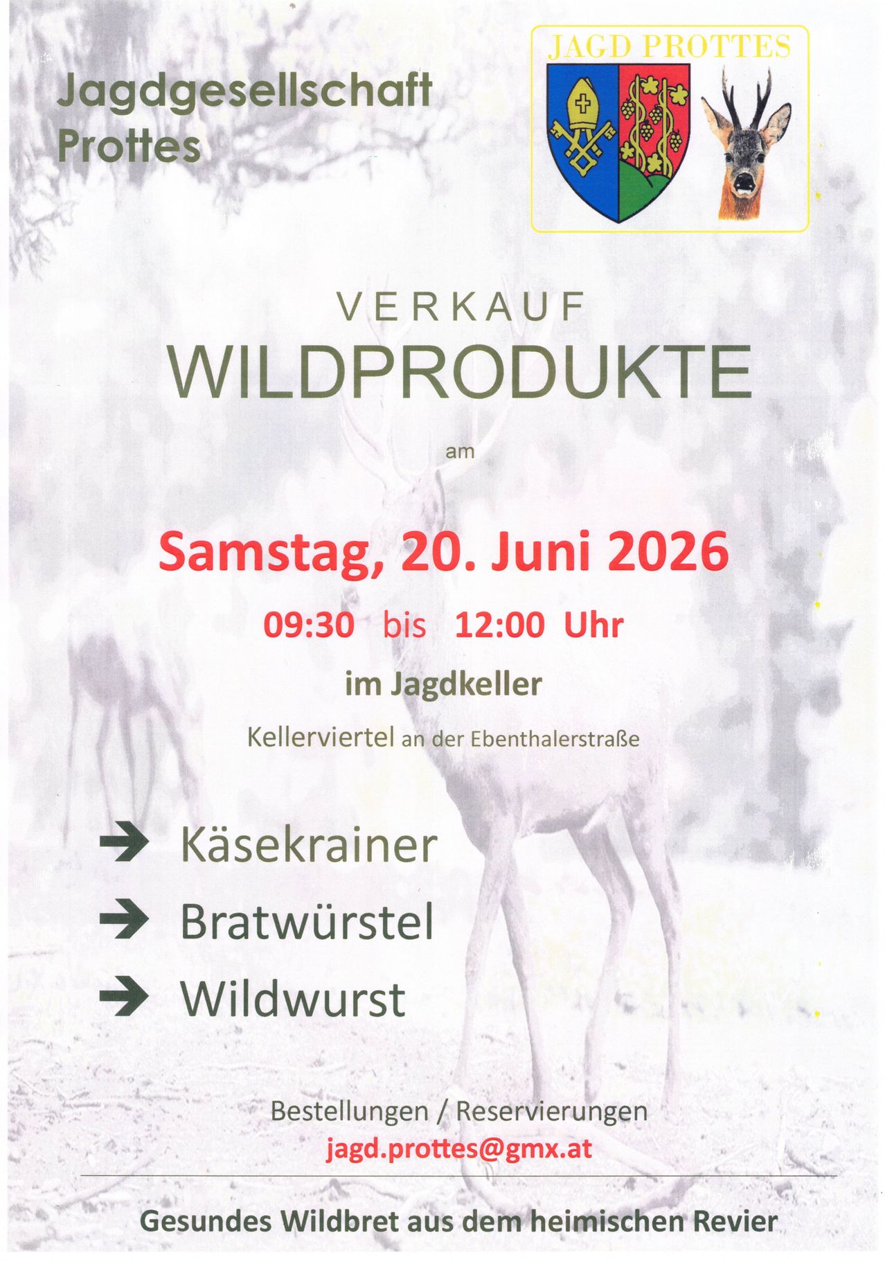 Werbung für einen Wildproduktverkauf am 20. Juni 2026 von 9:30 bis 12:00 im Jagdkeller. Produkte sind Käse, Bratwurst und Wildwurst.