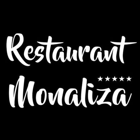 Das Bild zeigt einen schwarzen Hintergrund mit weißem Text. Es steht 'Restaurant Monalisa' über einer Reihe von fünf Sternen.