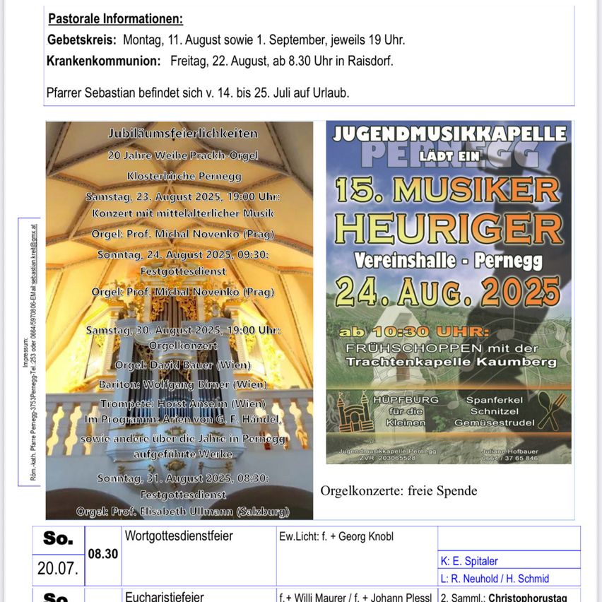 Das Bild enthält Informationen zum pastoralen Zeitplan einer Kirche, einschließlich der Öffnungszeiten des Pfarrkreises, der Krankenkommunion und des Urlaubs des Priesters. Es gibt auch Ankündigungen für verschiedene musikalische Veranstaltungen in der Kirche, einschließlich Konzerte, eine Hochzeitskapelle und Orgelkonzerte.