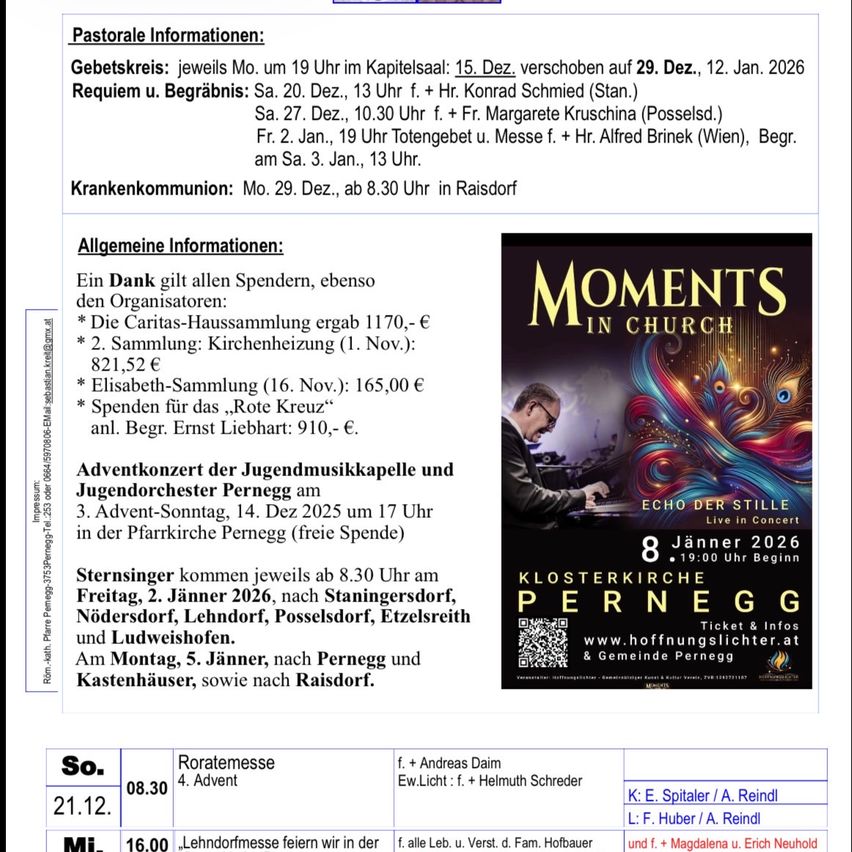 Ein Flugblatt enthält pastorale Informationen, einschließlich Details zu Messen, einem Requiem und Kommunionsdiensten. Es listet auch allgemeine Informationen über wohltätige Veranstaltungen und ein bevorstehendes Konzert auf. Es gibt QR-Codes für Ticketinformationen.