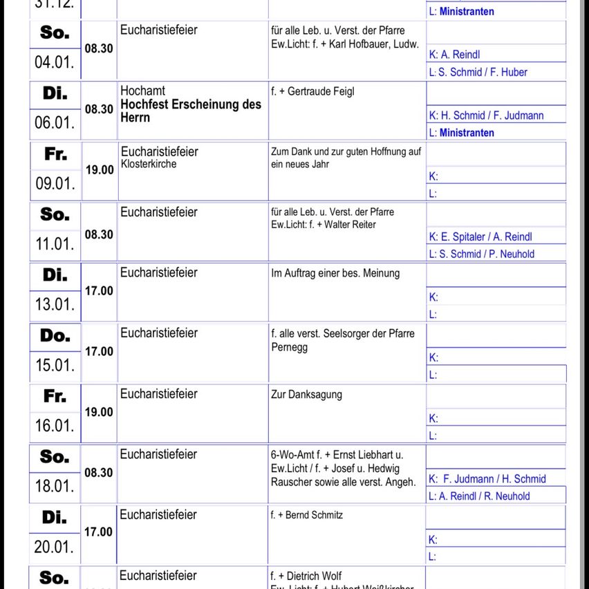 Das Bild zeigt eine Liste von eucharistischen Feiern mit Daten, Zeiten und zugewiesenen Ministranten. Jeder Eintrag enthält den Wochentag, das Datum, die Uhrzeit und die Namen der eucharistischen Ministranten.