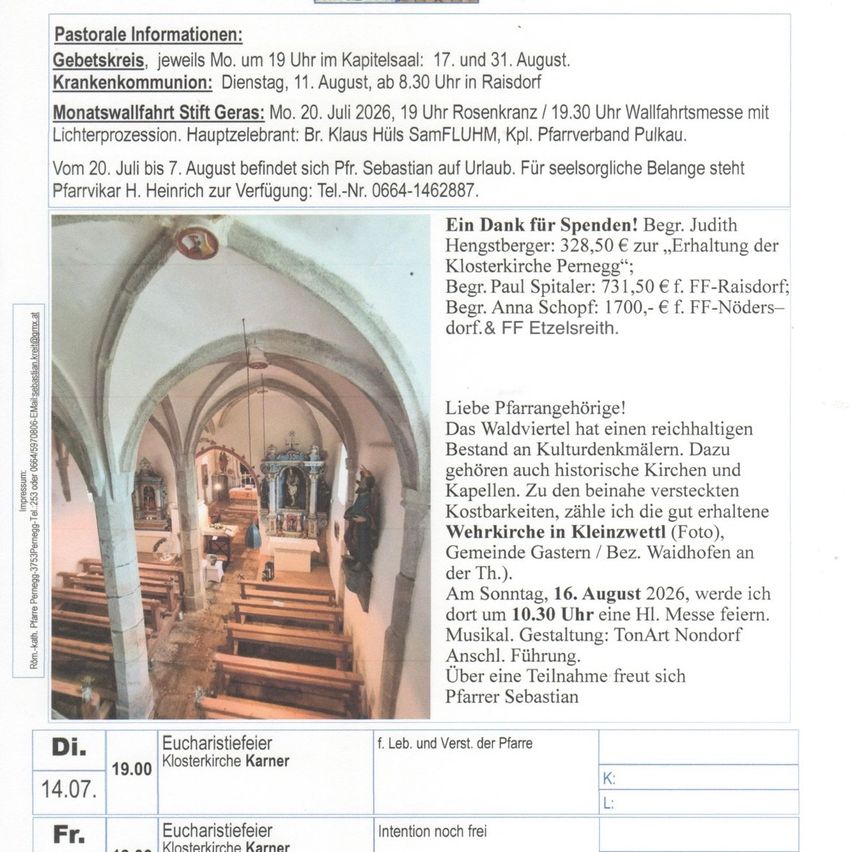 A page from a church bulletin includes a photo of an interior of a church with pews, an altar, and a statue. The text includes information about upcoming events, masses, and donations.