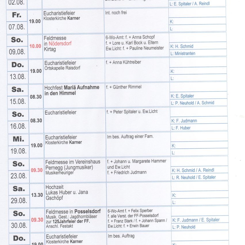 A calendar page showing various events and times, including church services, field masses, and a wedding. The events are listed with dates, times, and locations.