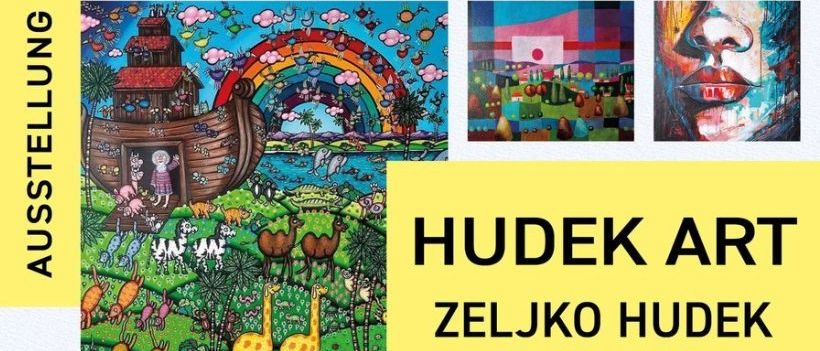 Plakat für die Kunstausstellung von Zeljko Hudek mit seinen Kunstwerken und einem Bild von ihm. Veranstaltungsdatum ist Freitag, 8. Mai 2026, um 19 Uhr. Ausgerichtet in der neuen Galerie in Nestelbach, Ilstal, mit Live-Musik von Georg Eisner. Essen und Getränke werden vom Kulturforum Nestelbach bereitgestellt. Muttertag ist am 10. Mai.