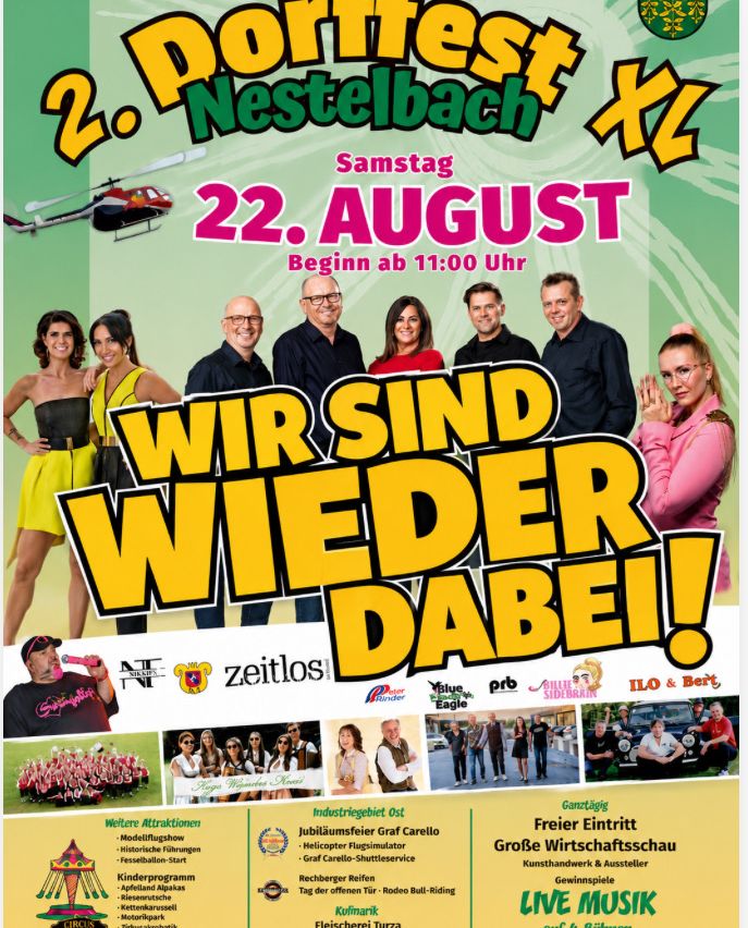 Event poster for the 2nd Nestelbbach XL, scheduled for Saturday, August 22nd, starting at 1:00 PM. It features a group photo of individuals, including women in yellow and red, and men in black. The poster also highlights various attractions and activities.