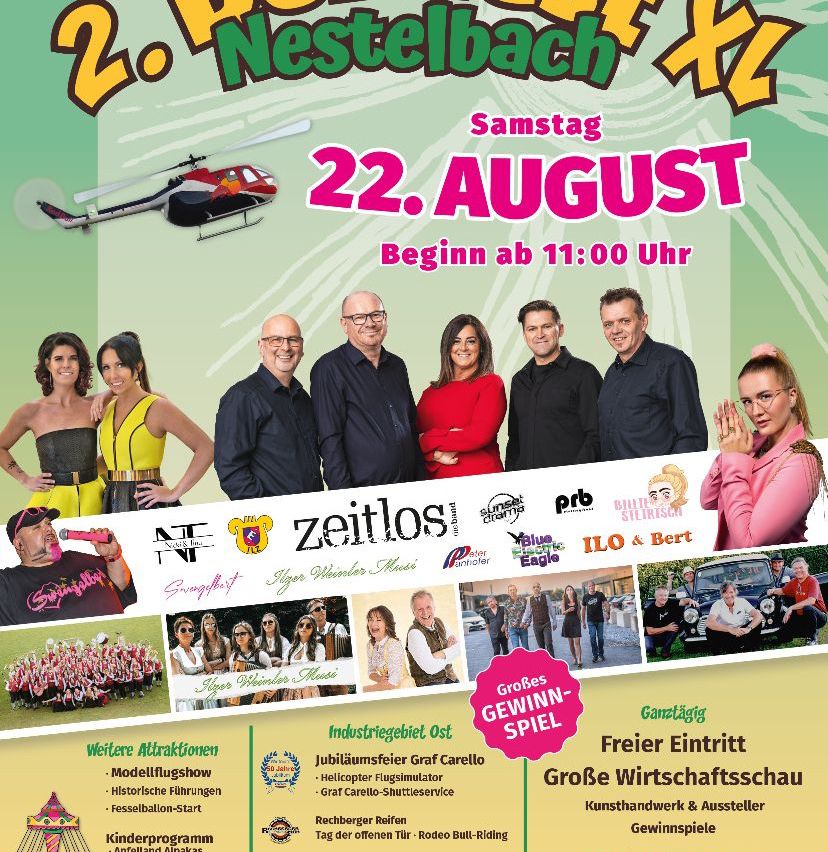 Poster for 2. Nestebach XL event, featuring a helicopter, several people, and attractions like a model air show, historical flight displays, and a free entrance. The event starts on August 22 at 11:00 AM.