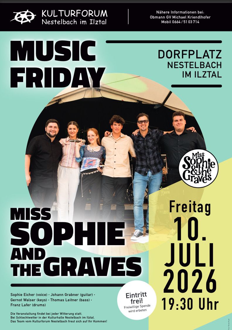 Poster for Music Friday featuring Miss Sophie and the Graves performing on July 10, 2026. Five band members stand under a tent.