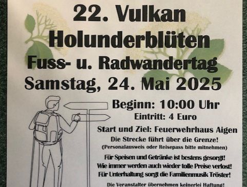 Plakat für eine Wander- und Radtourenveranstaltung in St. Anna am Aigen. Die Veranstaltung wird von der Seniorengruppe St. Anna am Aigen und der Freiwilligen Feuerwehr St. Anna-Aigen organisiert. Das Datum ist Samstag, 24. Mai 2025, Beginn um 10:00 Uhr. Der Eintritt beträgt 4 Euro. Die Route überquert eine Grenze. Teilnehmer sollten einen Ausweis oder Reisepass mitbringen. Die Veranstaltung findet am Samstag, 31. Mai 2025, statt, wenn das Wetter schlecht ist.
