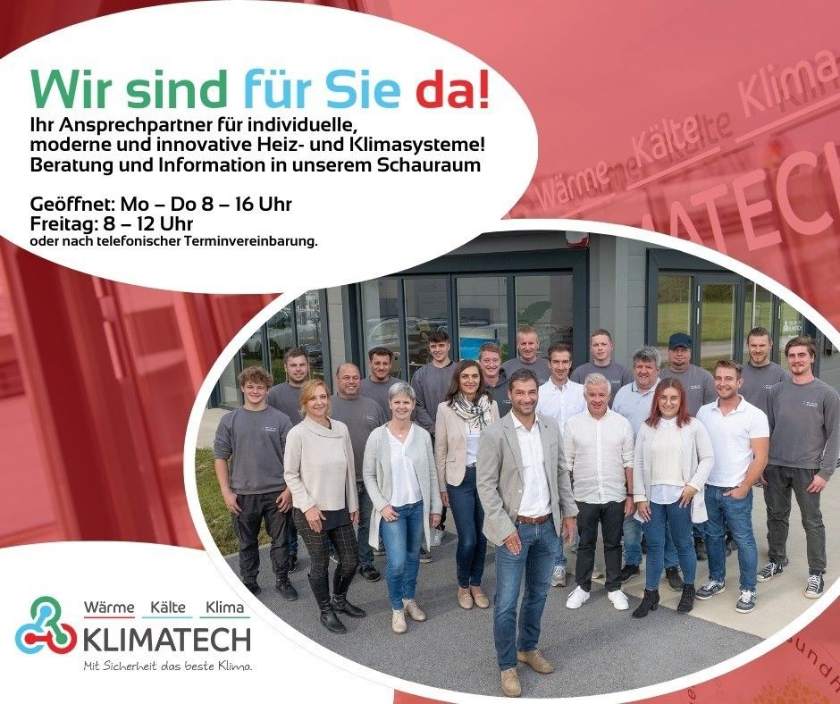 Klimatech-Team vor einem Gebäude mit dem Slogan 'Wir sind für Sie da!'.