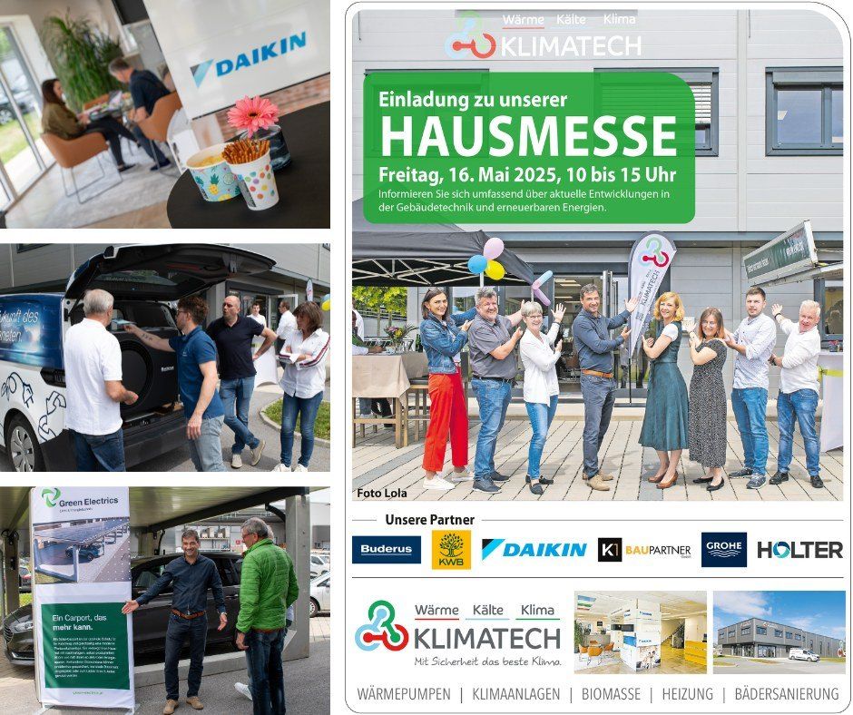 Eine Werbung für die Klimatech Hausmesse mit Bildern von Menschen, einem Gebäude und Elektroautos und Solarpanelen. Die Veranstaltung findet am Freitag, 16. Mai 2025, von 10 bis 15 Uhr statt.