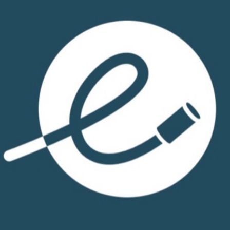 Ein blauer Kreis enthält einen stilisierten Buchstaben E mit einem Kabel, das daran angeschlossen ist, auf einem dunkelblauen Hintergrund.