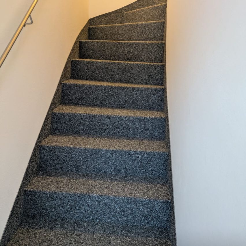 Eine Wendeltreppe mit blauen, teppichartigen Stufen, einer weißen Wand rechts und einem Metallgeländer.