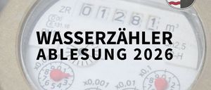 Ein Wasserzähler mit einer Anzeige von 6.131,16 Kubikmetern und einer Frist für die Online-Einreichung bis zum 30. September 2026. Das Bild zeigt auch ein Logo mit einem Kreuz und Wellen.