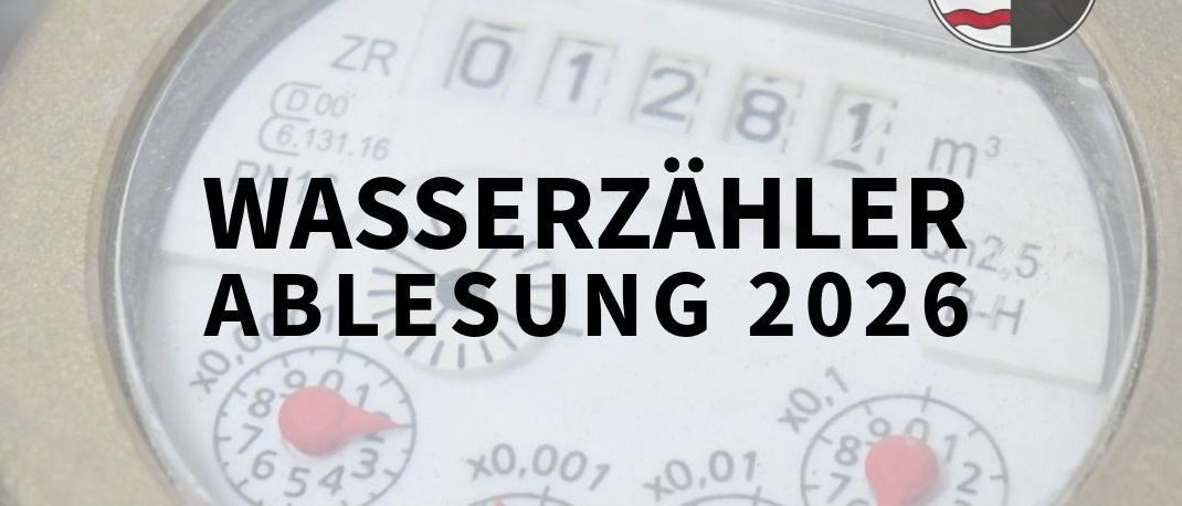 Ein Wasserzähler mit einer Anzeige von 6.131,16 Kubikmetern und einer Frist für die Online-Einreichung bis zum 30. September 2026. Das Bild zeigt auch ein Logo mit einem Kreuz und Wellen.