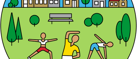 Eine Cartoon-Illustration von Menschen, die in einem Park trainieren, mit Gebäuden im Hintergrund. Der Text lautet 'Bewegt im Park'.