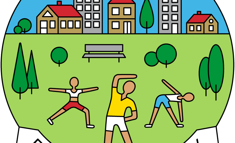 Eine kreisförmige Illustration zeigt Menschen, die Yoga-Posen in einem Park machen, mit einer Sonne, Häusern und einer Bank im Hintergrund. Die Wörter 'Bewegt im Park' sind unten geschrieben.