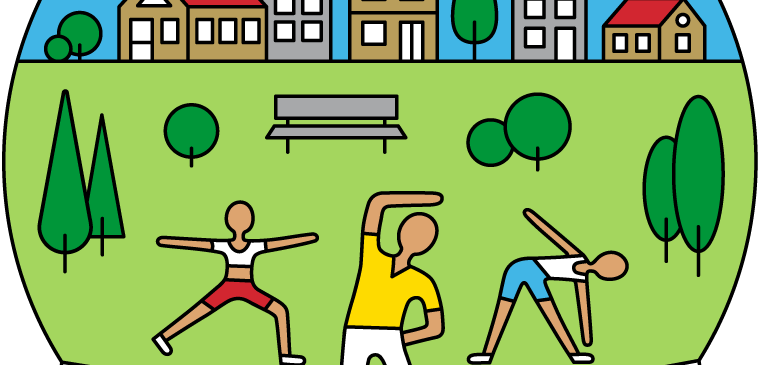 Drei Menschen in verschiedenen Yoga-Posen in einem Park, mit Gebäuden und Bäumen im Hintergrund, und die Worte 'Bewegt im Park' darunter geschrieben.