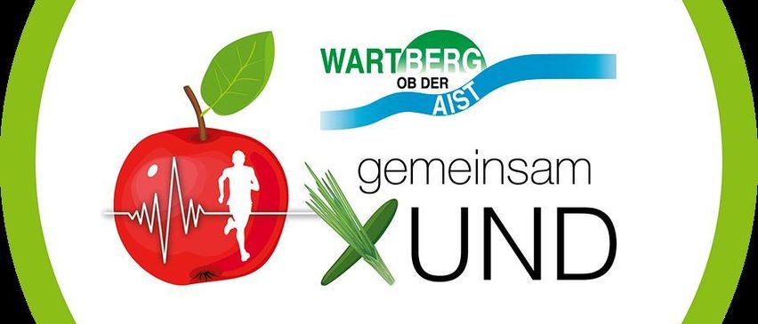 Rundes Logo mit einem Apfel und einer laufenden Figur. Der Apfel hat eine Herzfrequenzlinie. Der Text lautet 'Wartberg ob der Aist' und 'Gemeinsam UND'.