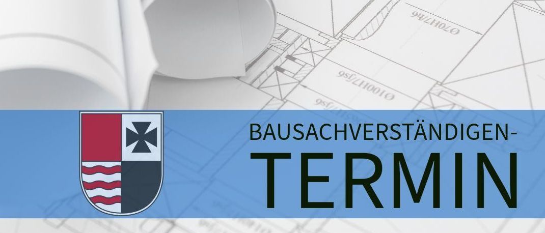 Ein Bild zeigt Architekturpläne, ein Wappen und deutschen Text, der 'Bausachverständigen-Termin' lautet. Die Pläne zeigen verschiedene Baupläne und Spezifikationen. Das Wappen zeigt ein Kreuz, Streifen und einen Wasserzeichen mit der Website 'www.wartberg-ais.at'. Das Bild bewirbt den Terminservice eines Bausachverständigen.