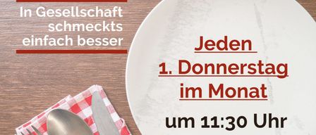 Advertisement for communal lunch at Gasthaus Dinghofer, featuring a white plate, utensils, and a red and white checkered cloth. It invites people to join every Thursday at 11:30 AM.