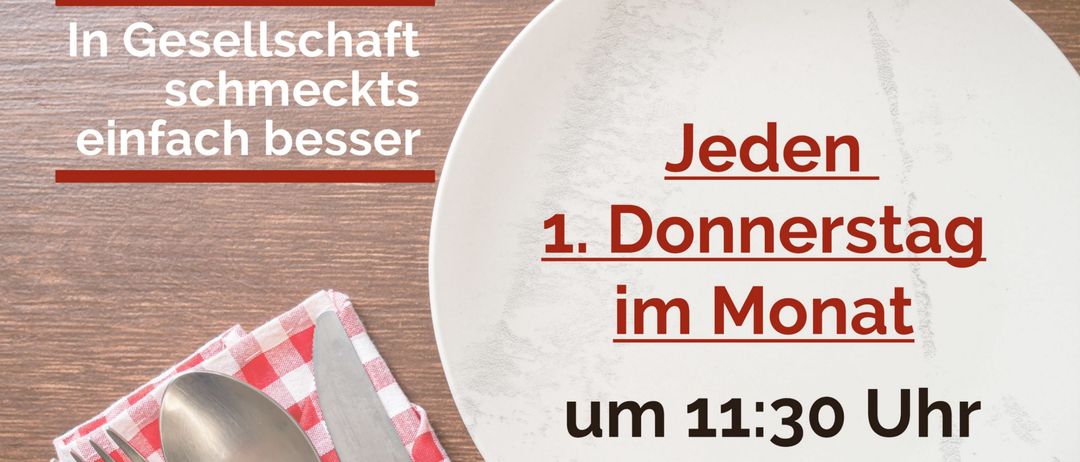 Werbung für gemeinsames Mittagessen im Gasthaus Dinghofer, mit einem weißen Teller, Besteck und einem rot-weiß karierten Tuch. Es lädt jeden Donnerstag um 11:30 Uhr ein.