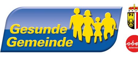 Ein Logo mit blauem Hintergrund, das gelbe Figuren einer Familie und den Text 'Gesunde Gemeinden' zeigt. In der rechten Ecke befindet sich ein rotes Logo mit weißem Text 'ober' und ein Wappenlogo.