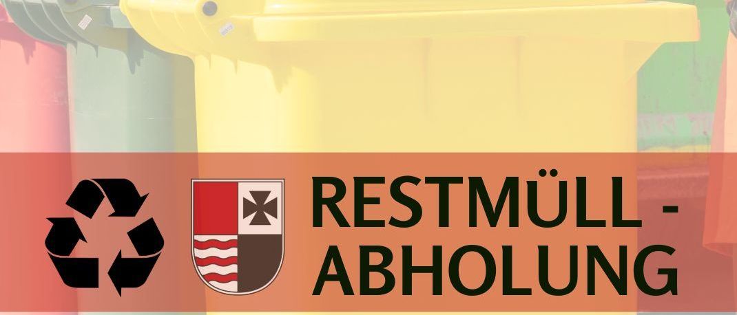 Ein gelber Abfallbehälter mit Recycling-Symbol und Wappen neben ihm. Die Worte 'RESTMULL-ABHOLUNG' stehen auf einem gelben Banner. Dahinter befinden sich weitere farbige Behälter. Auf der linken Seite steht ein grüner Container. Die Website 'www.wartberg-aist.at' befindet sich unten.