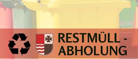 Ein gelber Abfallbehälter mit Recycling-Symbol und Wappen neben ihm. Die Worte 'RESTMULL-ABHOLUNG' stehen auf einem gelben Banner. Dahinter befinden sich weitere farbige Behälter. Auf der linken Seite steht ein grüner Container. Die Website 'www.wartberg-aist.at' befindet sich unten.