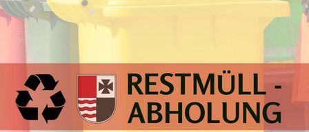 Ein gelber Abfallbehälter wird mit Recycling-Symbolen und einem Logo gezeigt. Eine Person in einer orangefarbenen Weste steht daneben. Eine Website-Adresse befindet sich unten.