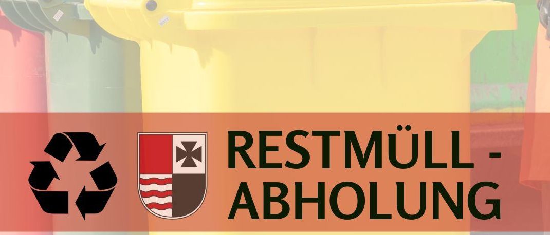 Ein gelber Abfallbehälter wird mit Recycling-Symbolen und einem Logo gezeigt. Eine Person in einer orangefarbenen Weste steht daneben. Eine Website-Adresse befindet sich unten.