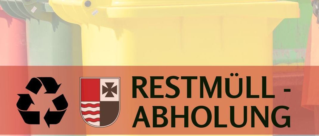 Plakat mit einem gelben Abfallbehälter, Recycling-Symbol, einem Wappen und deutschem Text. Das Plakat bewirbt Abfallentsorgungsdienste.