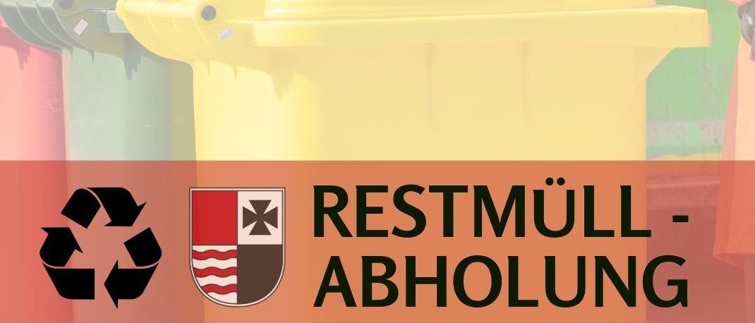 The image features a yellow trash bin with the words 'RESTMÜLL-ABHOLUNG' written on it. Various colored bins are visible in the background. The image is associated with the website 'www.wartberg-aist.at'.